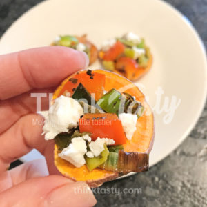 A whole new type of bruschetta topping- tender red pepper and leeks combined with basil provide a fabulous topping for sweet potato rounds, mini naan, or crostini.