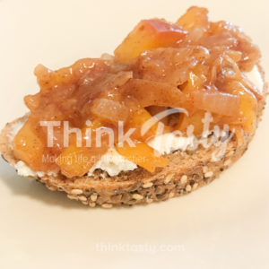 Slightly sweet with a whole bunch of savory, this peach and caramelized onion bruschetta is the perfect topping for crostini and goat cheese.