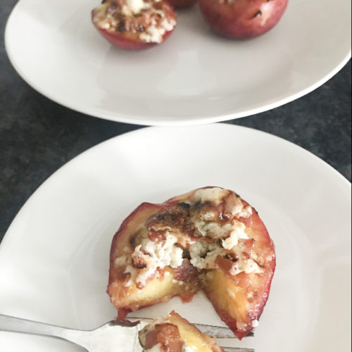 Broiled peach halves topped with blue cheese and bacon