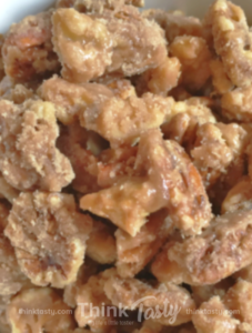 Walnuts and pecans covered in a brown sugar and bourbon crust