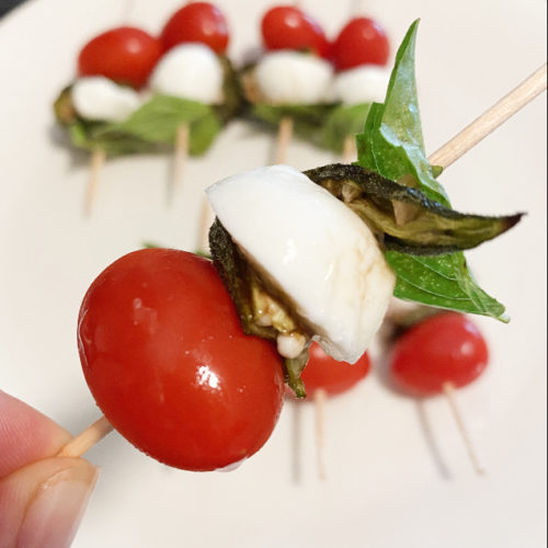 okra skewered with mozzarella, tomato, and basil