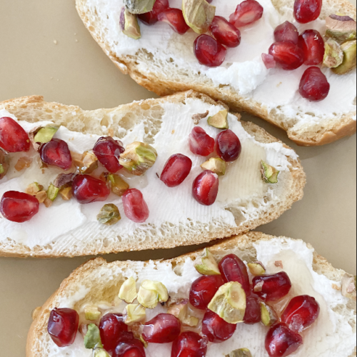 pomegrante, pistachio, goat cheese on crostini